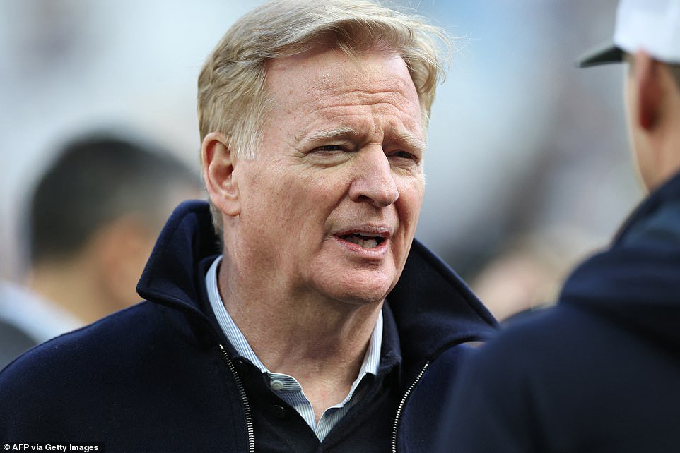 Roger Goodell and his fellow NFL execs had been urged to cancel or move the game but they opted to plow on with the league's first ever game on French soil. In a statement released earlier in the week, the league said: 'We continue to work closely with local authorities and partners on all operational and security matters. We are also providing the two clubs with regular updates. There's been no disruption or impact at league sites.' In the wake of that decision to ignore the violence and continue on, more clashes erupted across France at the weekend, with more than 400,000 people attending rallies over school funding and soaring living costs. The government confirmed on Saturday night that nearly 1,000 people had been arrested across the country, with wild images showing fires raging on the streets and police spraying water cannons at protestors.