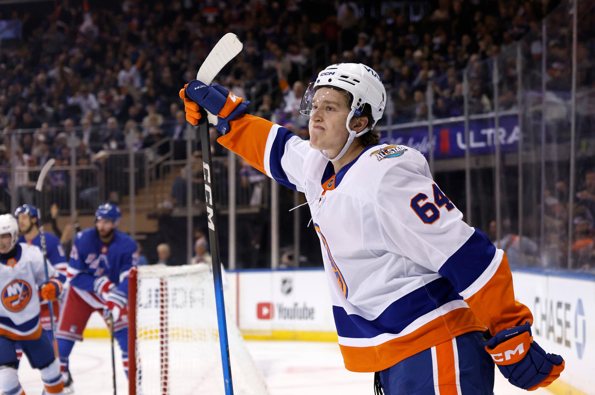 New York Islanders center Calum Ritchie celebrates a goal against the New York Rangers.