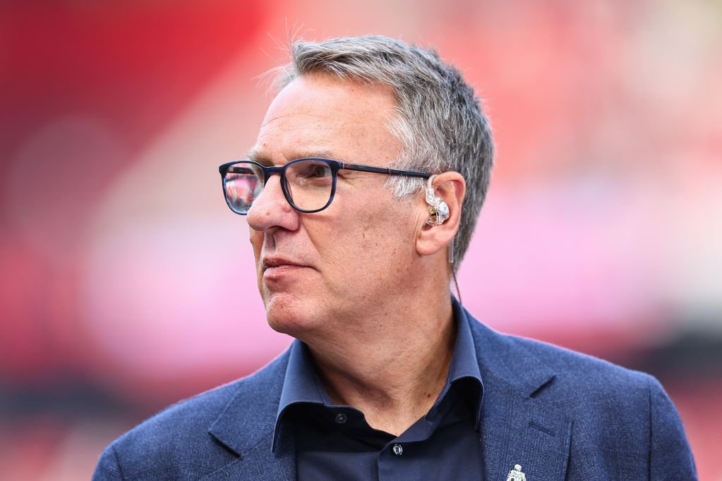 Paul Merson working as a pundit for Sky Sports ahead of the Premier League match between Manchester United and Arsenal FC