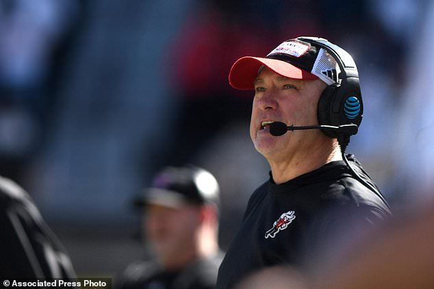 Texas Tech head coach Joey McGuire looks up at the scoreboard during the first half of an NCAA college football game against Arizona State, Saturday, Oct. 17, 2026, in Lubbock, Texas. (AP Photo/Annie Rice)