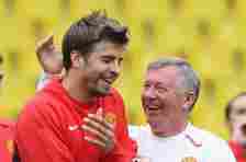 Sir Alex Ferguson and Gerard Pique of Manchester United in action during a training session ahead of the UEFA Champions League Final at Luzhniki Stadium on May 20 2008 in Moscow, Russia.