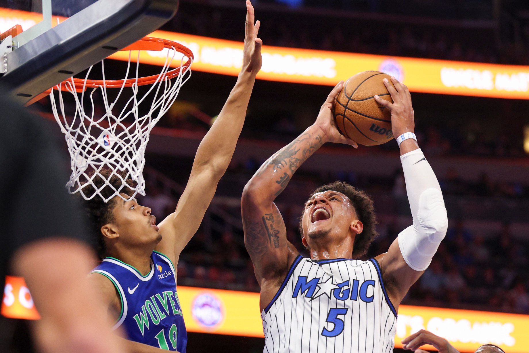 Oct 23, 2026; Orlando, Florida, USA; Orlando Magic forward Paolo Banchero (5) drives to the basket against the Minnesota Timberwolves in the first quarter at Kia Center. Mandatory Credit: Nathan Ray Seebeck-Imagn Images