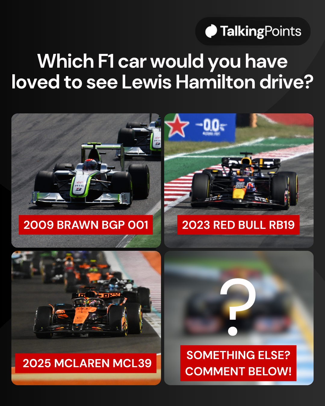 Rubens Barrichello driving his Brawn F1 car at the 2009 Italian Grand Prix, Max Verstappen driving his Red Bull F1 car at the 2023 United States Grand Prix, Oscar Piastri driving his McLaren F1 car at the 2025 Qatar Grand Prix and Sebastian Vettel driving his Red Bull F1 car at the 2012 German Grand Prix.