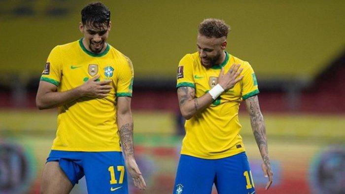 Lucas Paqueta dan Neymar Jr saat melakukan selebrasi