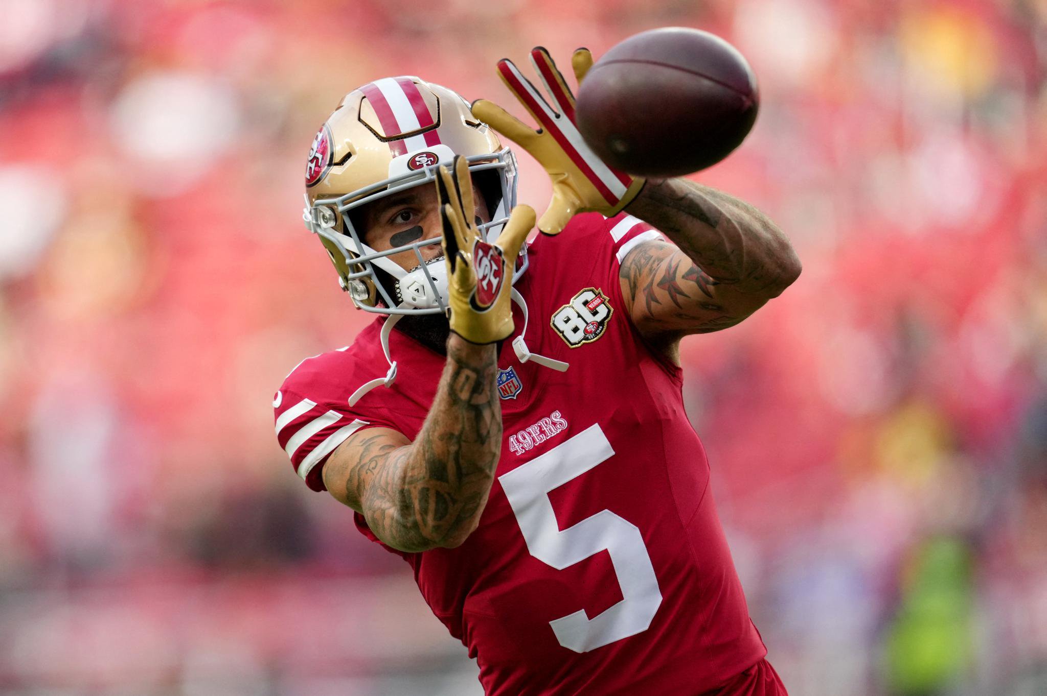 San Francisco 49ers wide receiver Mike Evans (5) warms up before a game against the Washington Commanders at Levi's Stadium in Santa Clara, California, Monday, Oct. 19, 2026.
