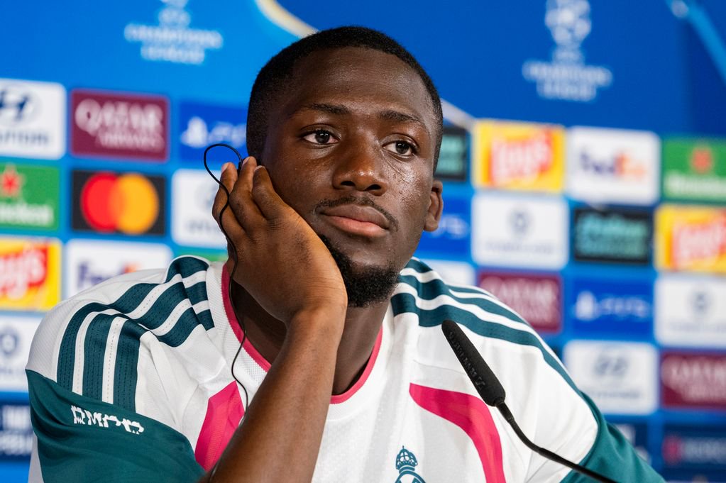 Ibrahima Konate of Real Madrid CF speaks during a press conference ahead of the UEFA Champions League 2026/27 League Phase MD3 at Ciudad Real Madrid