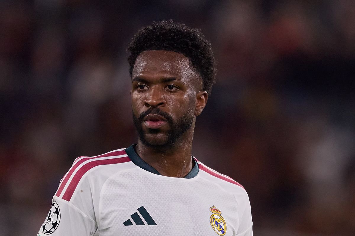ROME, ITALY - OCTOBER 14: Vinicius Junior of Real Madrid looks on during the UEFA Champions League 2026/27 League Phase MD2 match between AS Roma and Real Madrid C.F. at Stadio Olimpico on October 14, 2026 in Rome, Italy. (Photo by Emmanuele Ciancaglini/Ciancaphoto Studio/Getty Images)