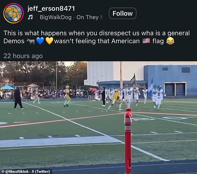 A high school football player in Oregon has sparked widespread outrage after leveling an unsuspecting rival who was carrying an American flag onto the field