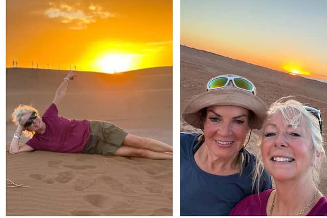 Michelle Love completed the dhallenge in memory of her dad. Right: Michelle and Sharon Goodfellow trekked 100km across the Sahara Desert, raising nearly £10,000 for Alzheimer's Society.