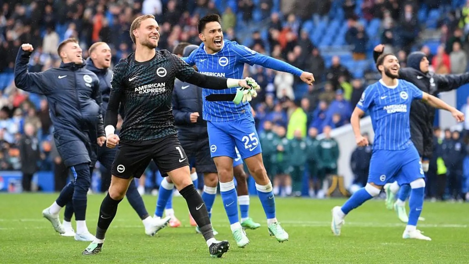 Getty Images Bart Verbruggen and Diego Gomez of Brighton & Hove Albion celebrate after the Premier League 2026/27 match between Brighton & Hove Albion and Crystal Palace FC at American Express Stadium in Falmer.