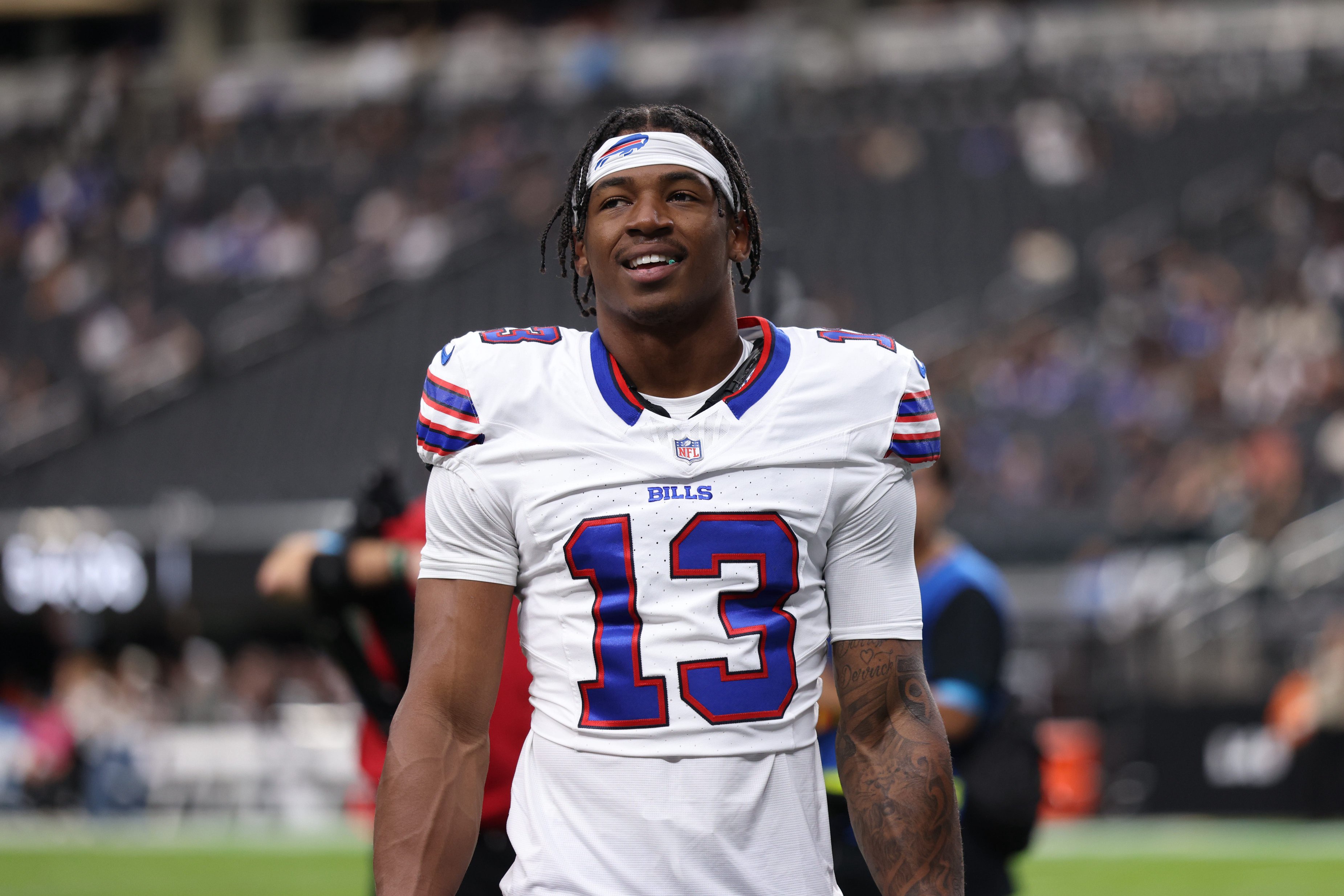 Oct 18, 2026; Paradise, Nevada, USA;  Buffalo Bills wide receiver Skyler Bell (13) looks on during warm ups prior to the game against the Las Vegas Raiders at Allegiant Stadium.  Mandatory Credit: David Brytus-Imagn Images