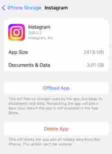 Screenshot of the Instagram app info from iPhone storage section