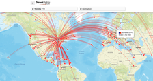 A map showing direct flights from Toronto International Airport