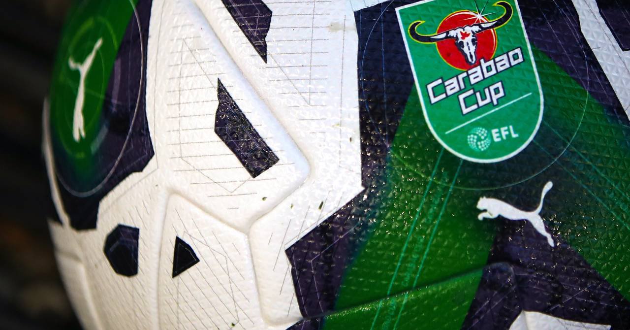 A close-up of the green and white ball for the English Football League EFL Carabao Cup competition