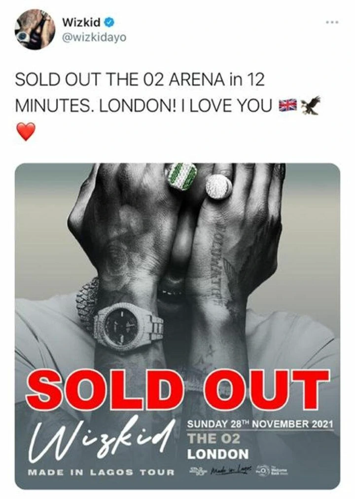 Wizkid sells out 02 Arena 'Made In Lagos' concert tickets in twelve minutes