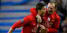 Manchester United teammates Cristiano Ronaldo and Wayne Rooney celebrate a goal together. 