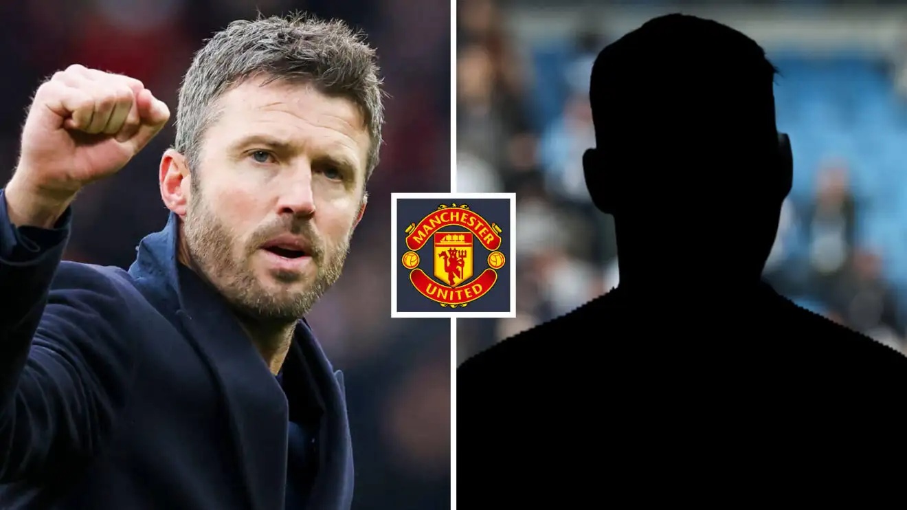 Split image of Manchester United interim manager Michael Carrick and a shadow with the Manchester United badge iin between - copyright F365