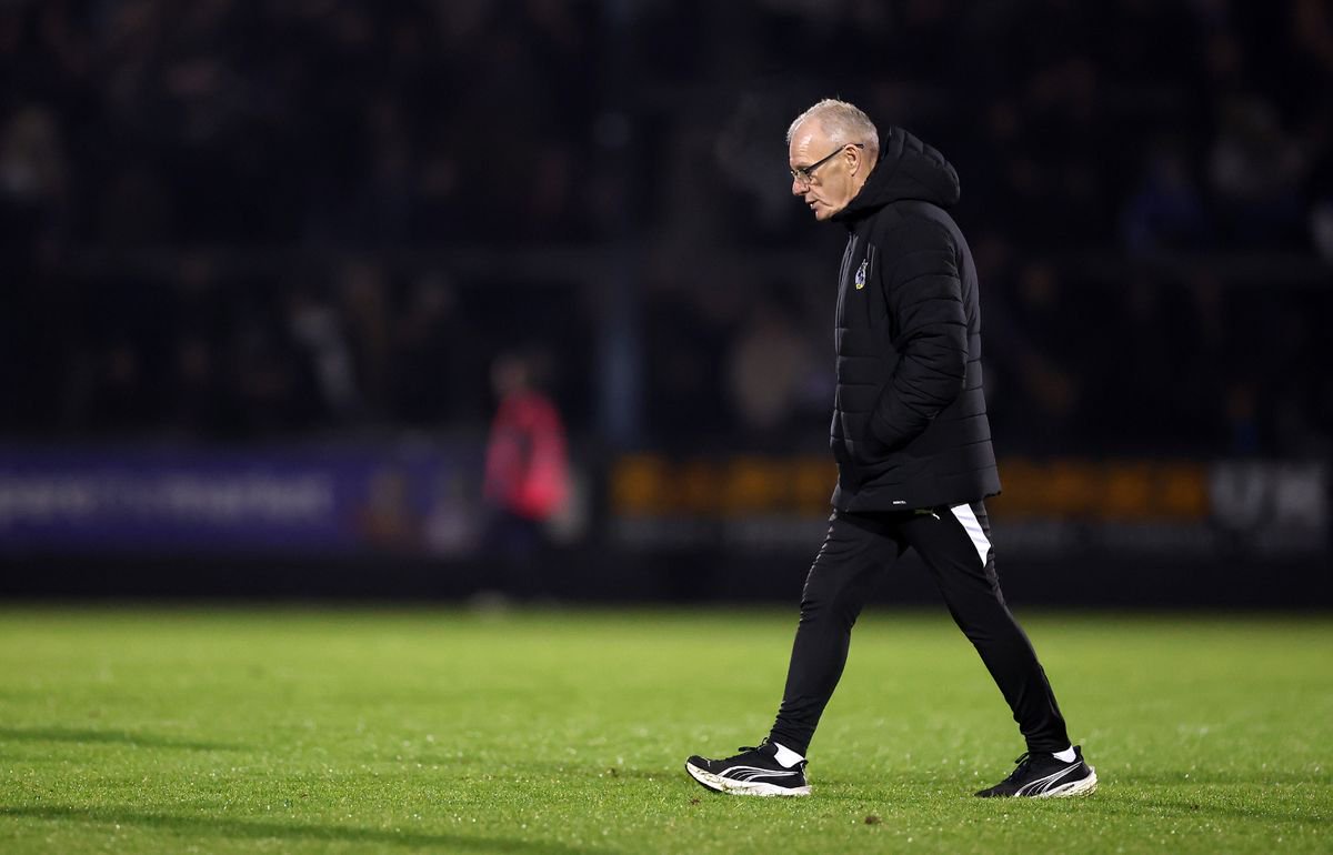 BRISTOL, ENGLAND - OCTOBER 20: Steve Evans, Manager of Bristol Rovers leaves the field dejected following the Sky Bet League Two 2026/27 match between Bristol Rovers and Salford City at The Memorial Stadium on October 20, 2026 in Bristol, England. (Photo by Dan Mullan/Getty Images)