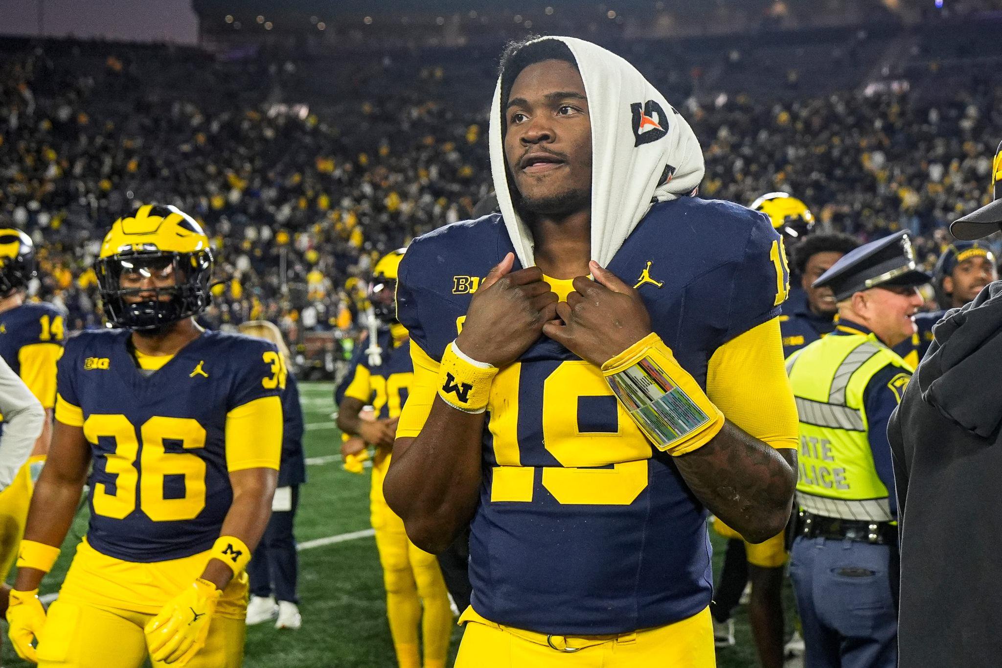 Michigan quarterback Bryce Underwood (19) looks on before running off the field after Michigan's 21-18 win over Penn State at Michigan Stadium in Ann Arbor, Mich., Sunday, Oct. 18, 2026.