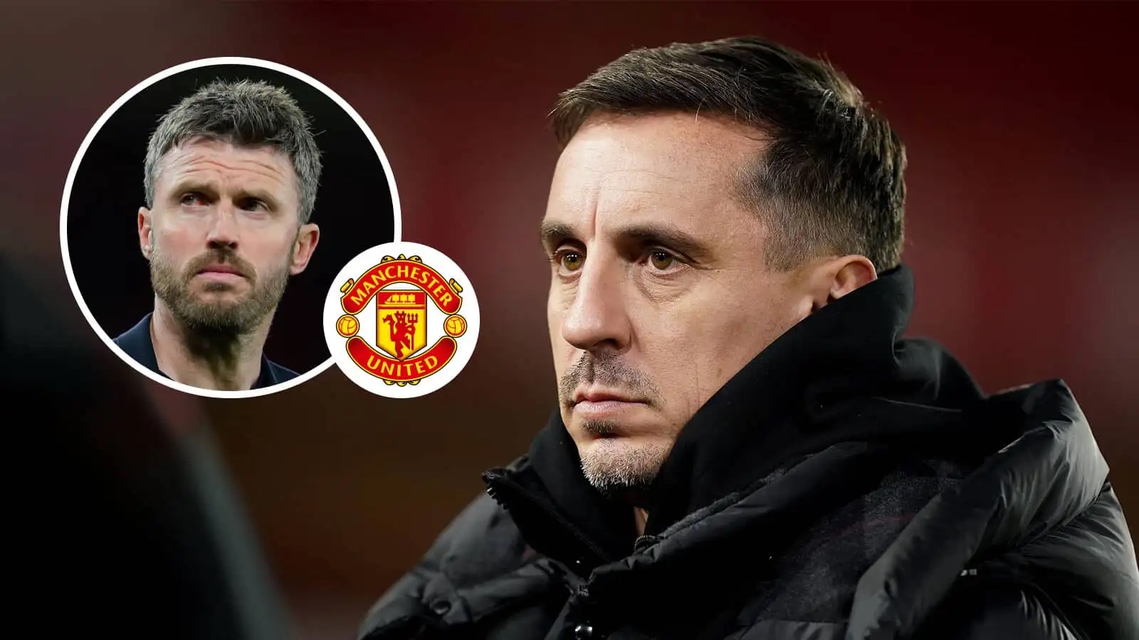 A strern Gary Neville and, inset, Michael Carrick next to the Manchester United badge