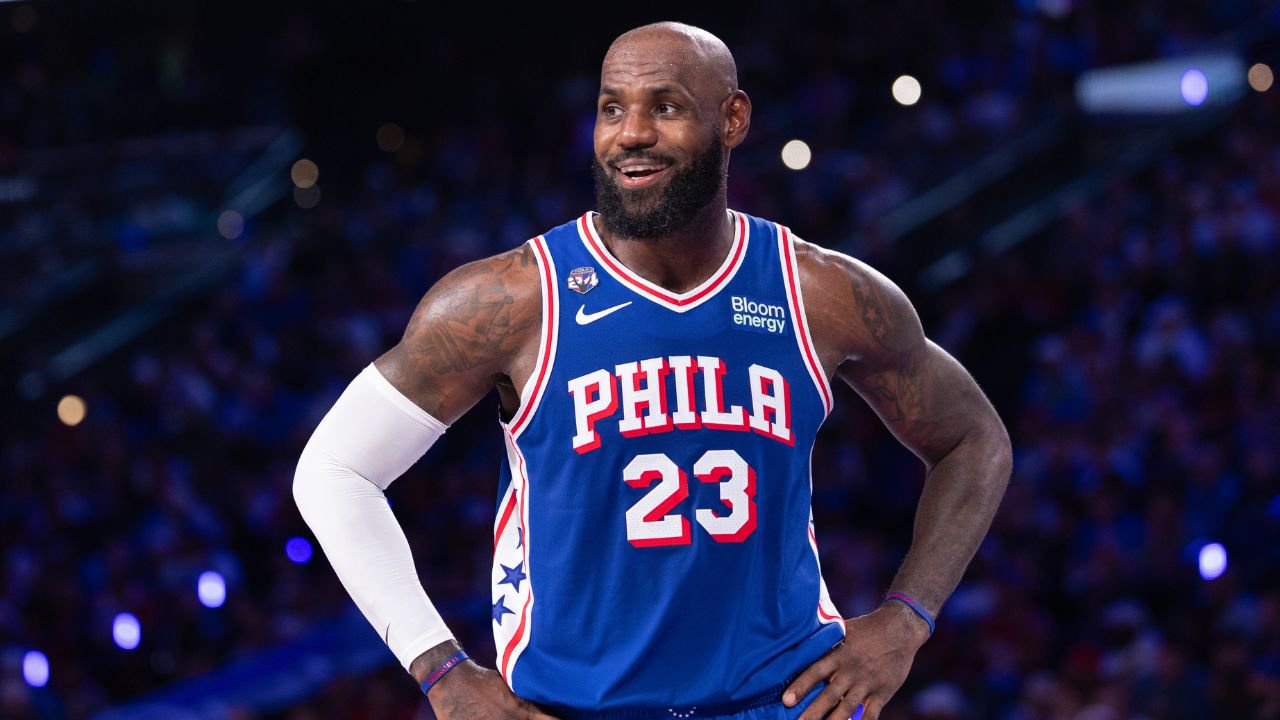 Oct 22, 2026; Philadelphia, Pennsylvania, USA; Philadelphia 76ers forward LeBron James (23) reacts after a play against the Cleveland Cavaliers during the third quarter at Xfinity Mobile Arena. Mandatory Credit: Bill Streicher-Imagn Images