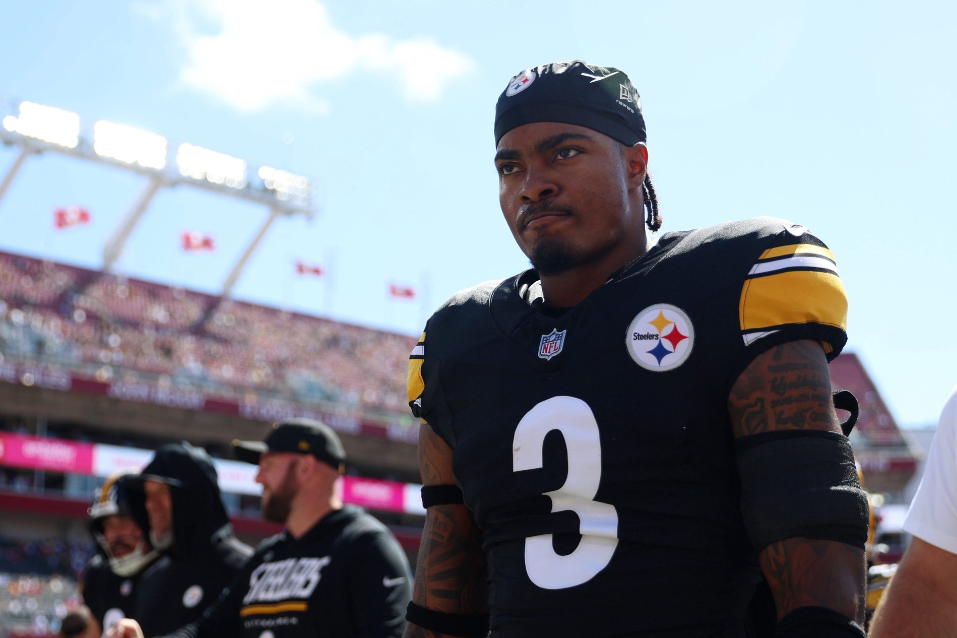 Oct 18, 2026; Tampa, Florida, USA;  Pittsburgh Steelers safety Jaquan Brisker (3) looks on after the game against the Pittsburgh Steelers at Raymond James Stadium.  Mandatory Credit: Morgan Tencza-Imagn Images
