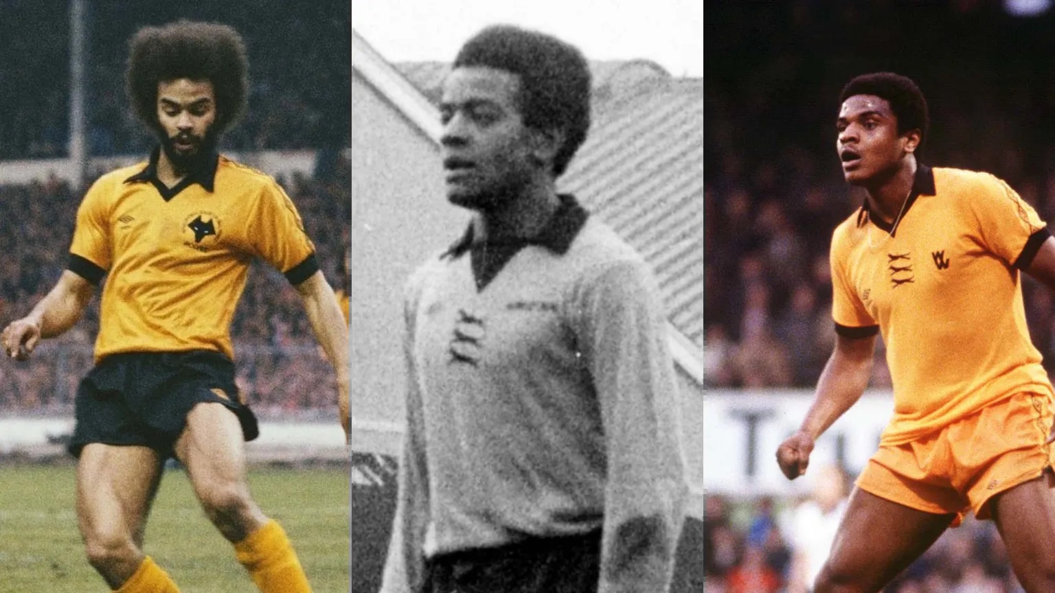 Wolverhampton Wanderers A composite of three images. On the left, a player is kicking a ball on a pitch. He has dark hair and a beard and is wearing a black and gold football kit with a Wolves log on. There are people in the stands around the pitch. The centre black and white image of a man with dark hair wearing a football kit. On the right, a man with dark hair and a gold football kit with logos on is mid-action on a football pitch.