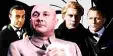 Collage of Sean Connery as James Bond, Donald Pleasence as Blofeld, Javier Bardem as Raoul Silva, and Daniel Craig as James Bond