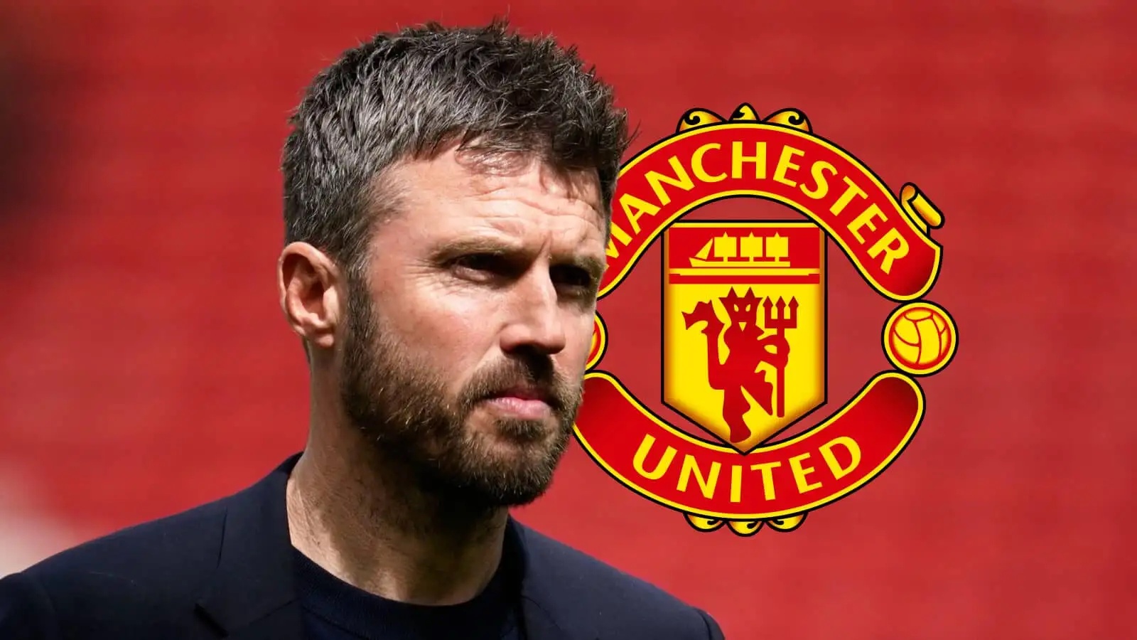 Manchester United boss Michael Carrick next to the club badge - copyright TEAMtalk