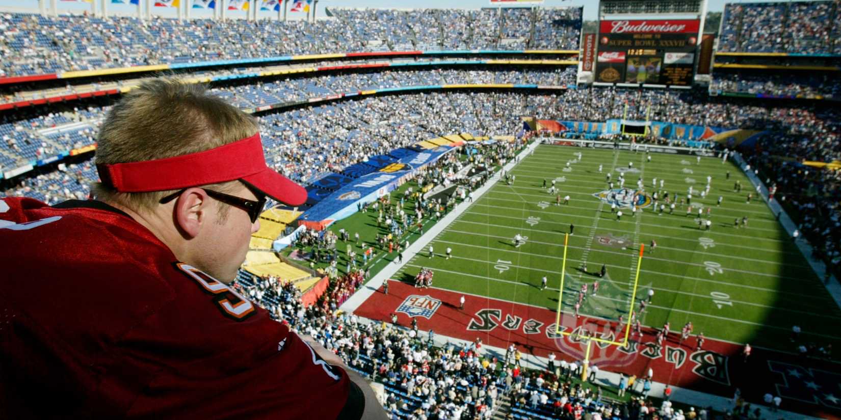 Fan looks out at Qualcomm Stadium before the start of Super Bowl XXXVII.