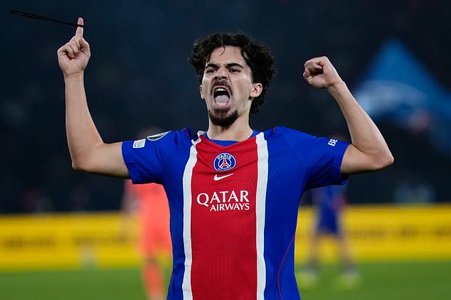 Vitinha celebrates his goal against Barcelona (Teresa Suarez/AP)