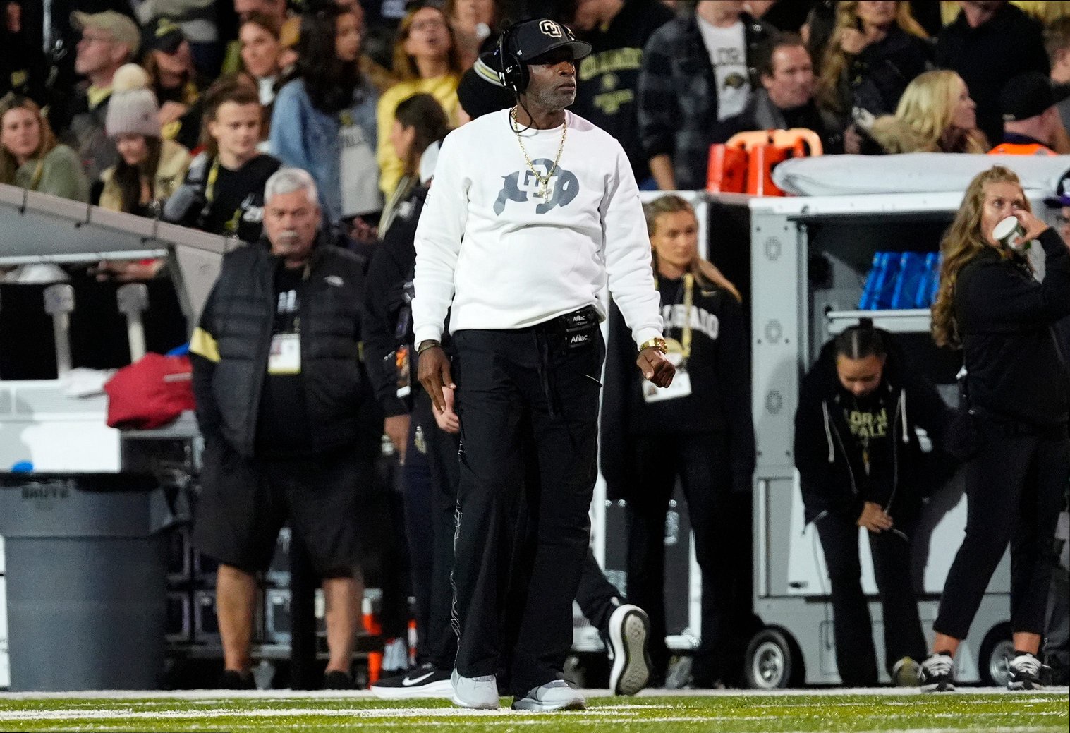 Oct 17, 2026; Boulder, Colorado, USA;  Colorado Buffaloes head coach Deion Sanders during the second quarter against the Utah Utes at Folsom Field.  Mandatory Credit: Ron Chenoy-Imagn Images