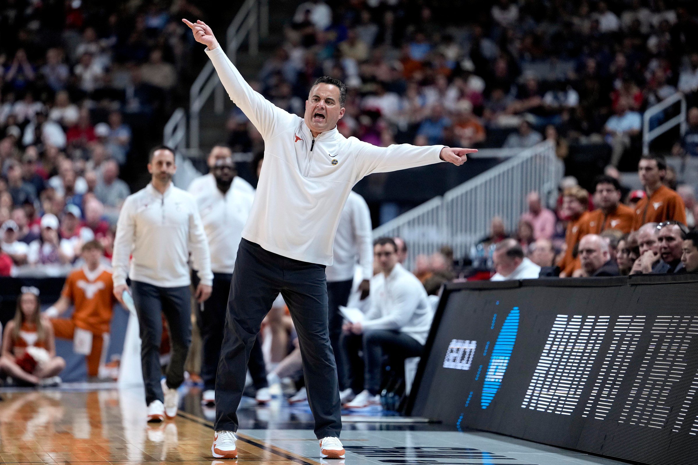 SAN JOSE, CALIFORNIA - MARCH 26: Head coach Sean Miller of the Texas Longhorns reacts against the Purdue Boilermakers during the second half in the Sweet Sixteen of the 2026 NCAA Men’s Basketball Tournament at SAP Center on March 26, 2026 in San Jose, California. (Photo by Thearon W. Henderson/Getty Images)