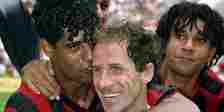 AC Milan trio Frank Rijkaard, Franco Baresi and Ruud Gullit celebrate together.