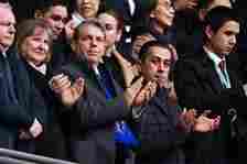 Todd Boehly and Behdad Eghbali Co-Owners of Chelsea, applaud in the stand prior to the Carabao Cup Final match between Chelsea and Liverpool at Wem...