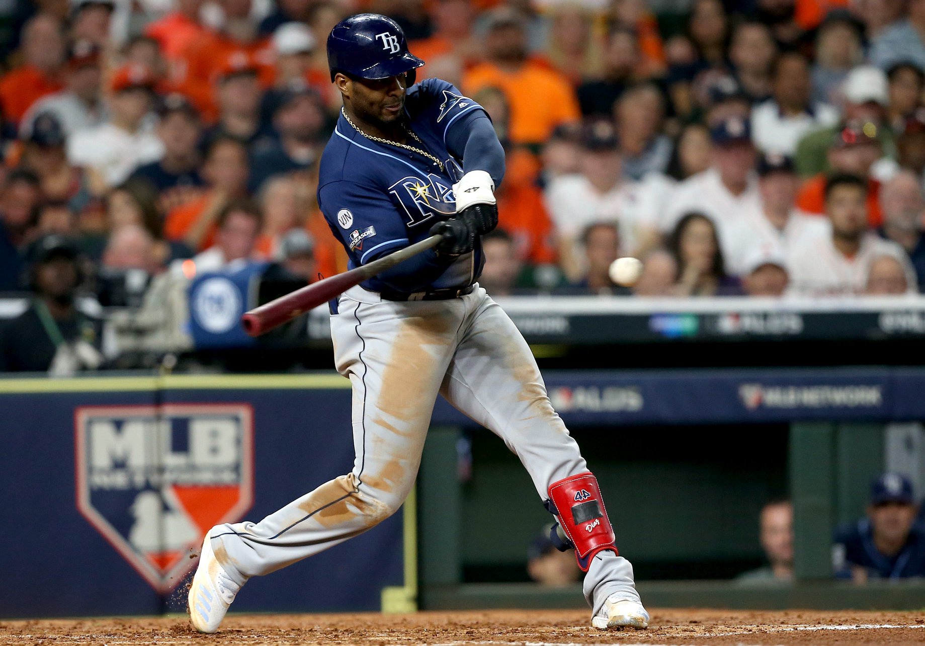 Yandy Díaz #2 of the Tampa Bay Rays grounds out in the third inning against the Houston Astros in Game 2 of the ALDS at Minute Maid Park on October 05, 2019 in Houston, Texas.