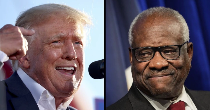 Two photos show Donald Trump and Clarence Thomas.