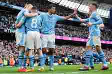 MANCHESTER, ENGLAND - MAY 4: Erling Haaland of Manchester City celebrates with his team mates after scoring a goal to make it 3-0 during the Premier League match between Manchester City and Wolverhampton Wanderers at Etihad Stadium on May 4, 2024 in Manchester, England.(Photo by James Baylis - AMA/Getty Images)