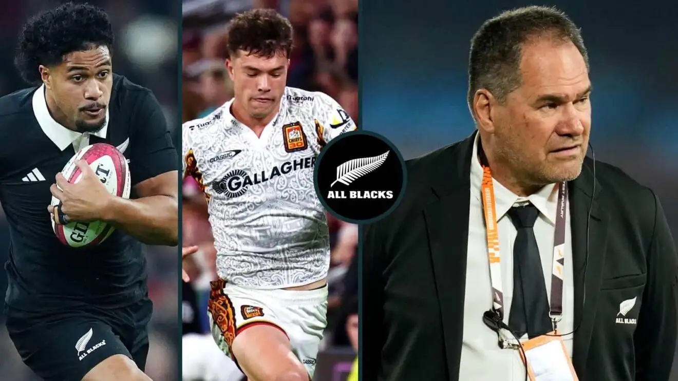 Leicester Fainga'anuku, Kyren Taumoefolau and All Blacks head coach Dave Rennie.
