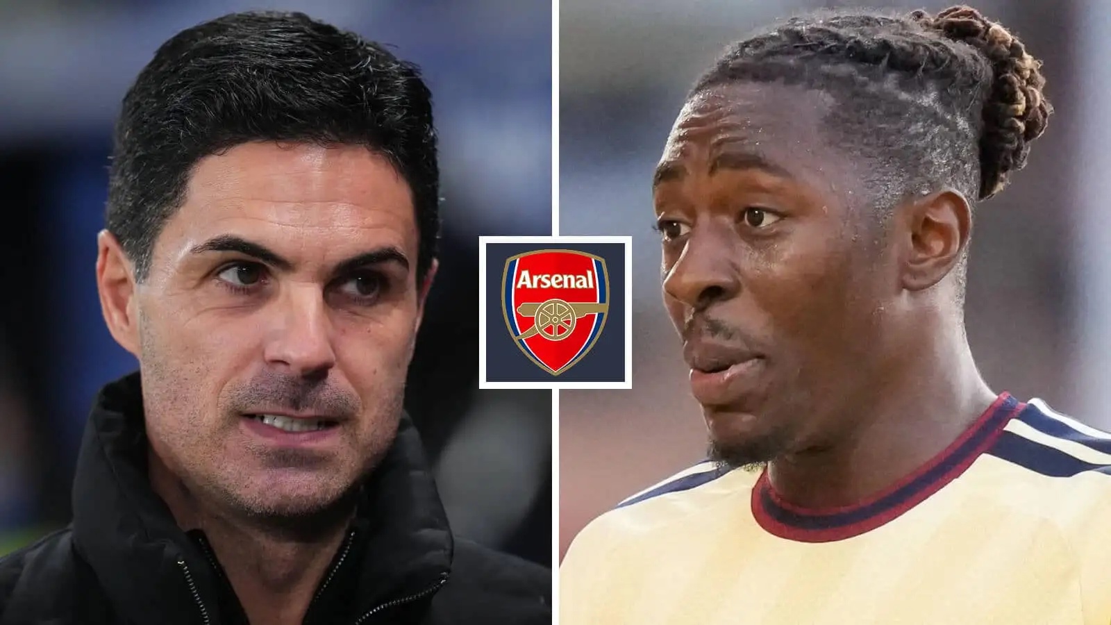 Arsenal manager Mikel Arteta and Eberechi Eze next to the Arsenal badge