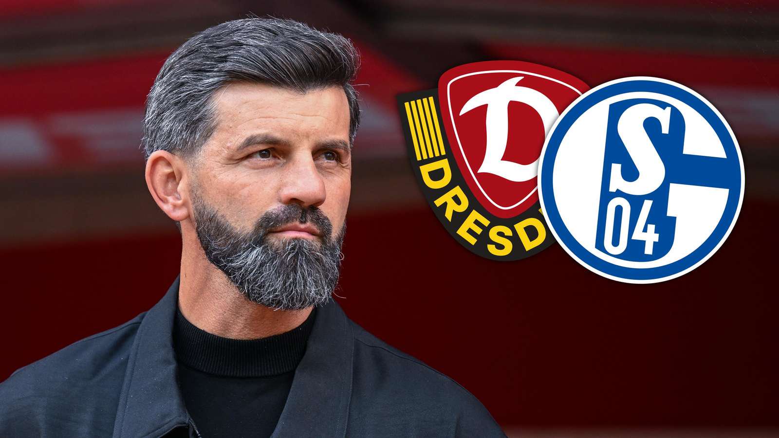 Miron Muslic neben den Logos von Dynamo Dresden und Schalke 04.