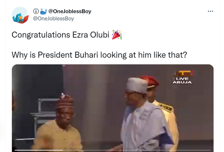 President Muhammadu Buhari trends online over his look as Ezra Olubi, co-founder of paystack receives a national honors