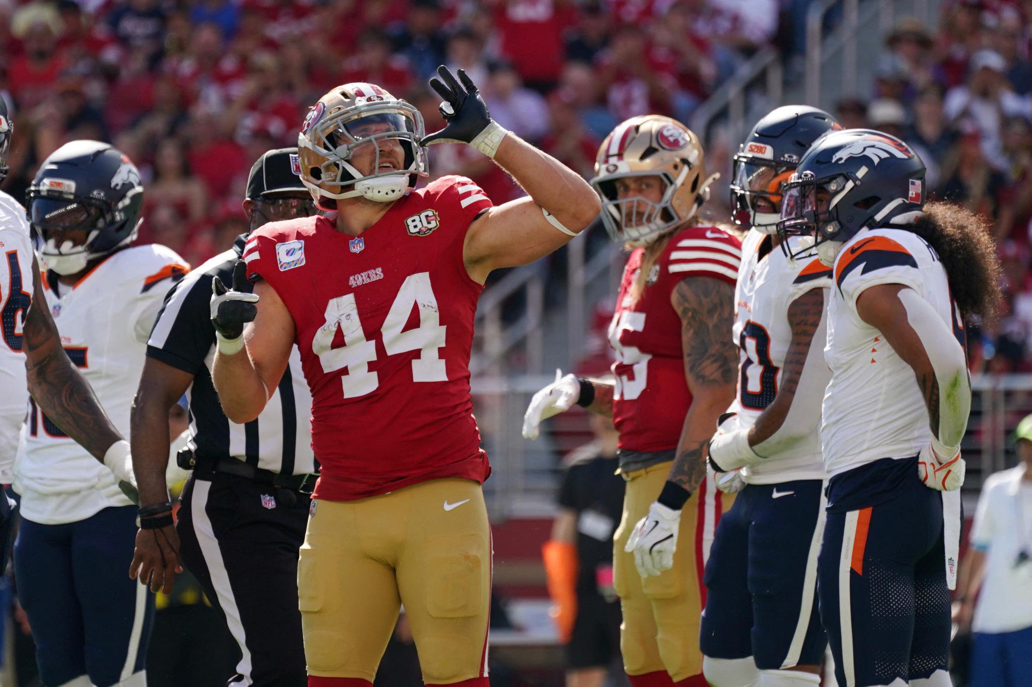 San Francisco 49ers fullback Kyle Juszczyk reacts on the field during a game against the Denver Broncos.