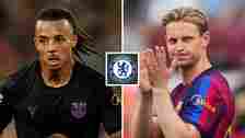 Barcelona stars Jules Kounde and Frenkie de Jong with a Chelsea badge