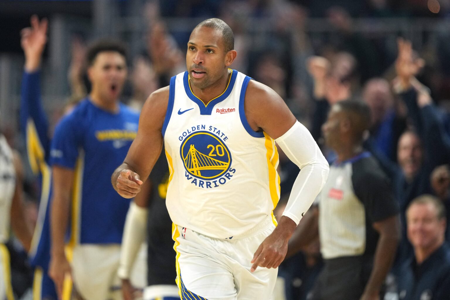 Dec 25, 2025; San Francisco, California, USA; Golden State Warriors center Al Horford (20) reacts after making a three point basket against the Dallas Mavericks during the first quarter at Chase Center. Mandatory Credit: Darren Yamashita-Imagn Images