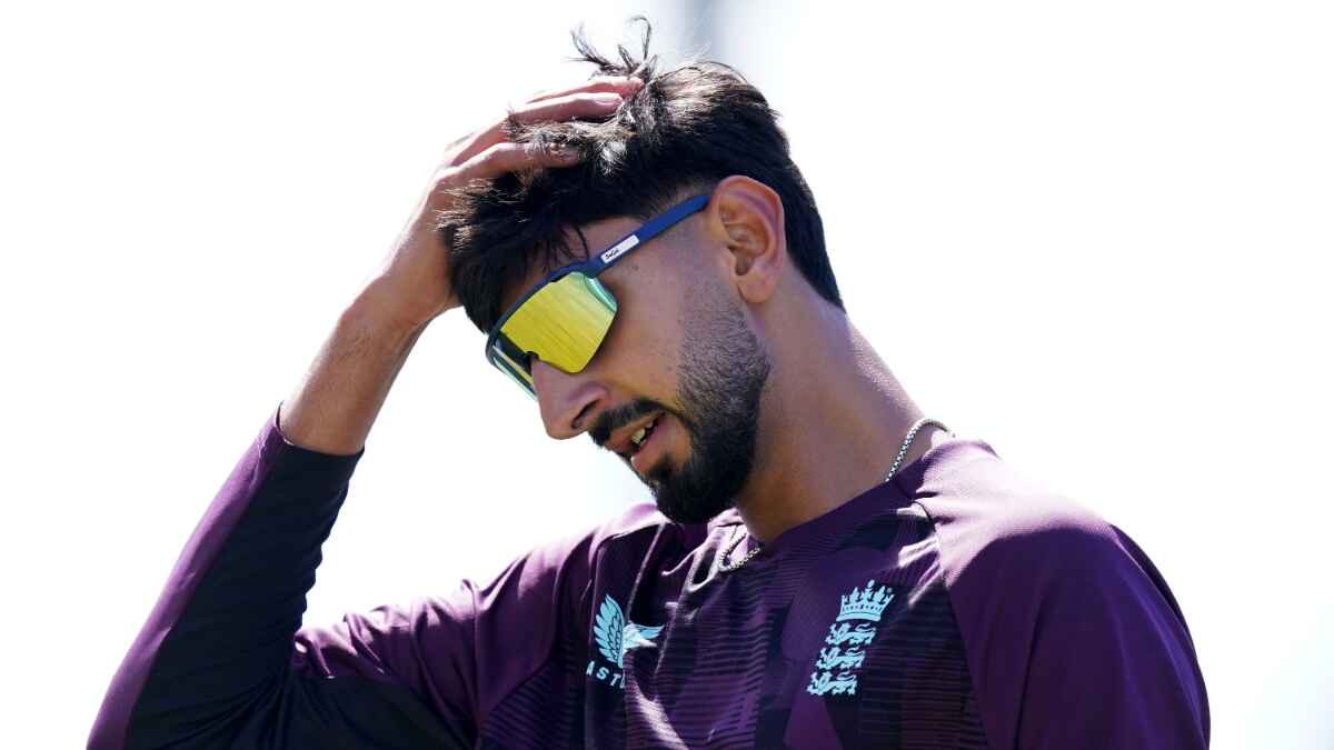 England’s Shoaib Bashir puts his hand to his head in training.