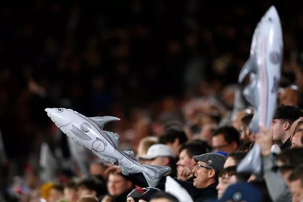 Grimsby Town fans held up Harry Haddock inflatable fish at the St Mary's Stadium