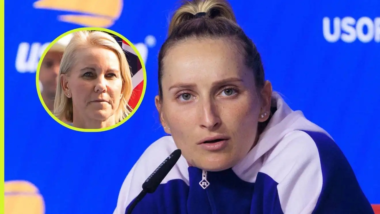 Pictured: Marketa Vondrousova speaks to the press, with Rennae Stubbs (inset)