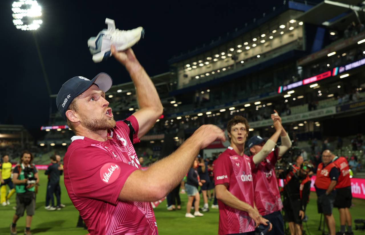 David Willey celebrates victory with the Northants fans, Northamptonshire vs Hampshire, T20 Blast final, Edgbaston, July 18, 2026