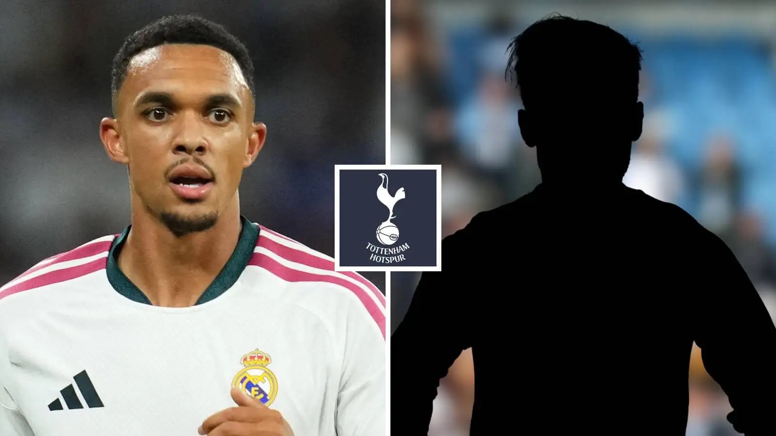 Split image of Real Madrid right-back Trent Alexander-Arnold and a shadow, with the Tottenham Hotspur badge in between - copyright TEAMtalk